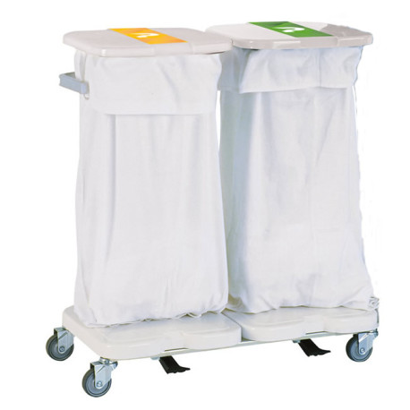Chariot porte sac linge sale double avec couvercles et pédales