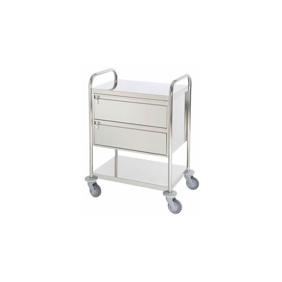 Chariot inox 2 plateaux avec 2 grands tiroirs fermeture à clef