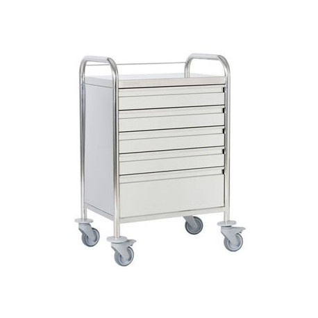 Chariot d'urgence inox 5 tiroirs + galerie
