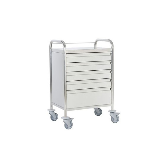 Chariot d'urgence inox 5 tiroirs + galerie