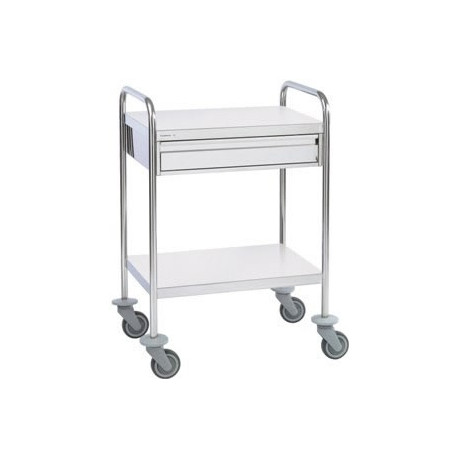 Guéridon médical inox 2 plateaux bords tombés avec 1 tiroir