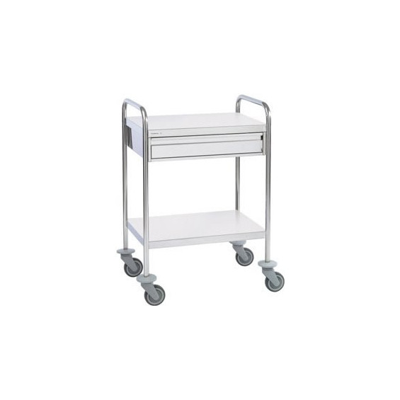 Guéridon médical inox 2 plateaux bords tombés avec 1 tiroir