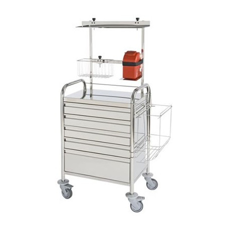 Chariot d'urgence inox haut 5 tiroirs + accessoires