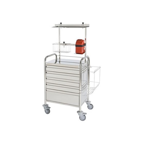 Chariot d'urgence inox haut 5 tiroirs + accessoires