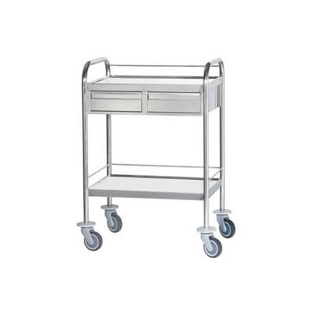 Chariot inox 2 plateaux bords relevés avec galeries et tiroirs