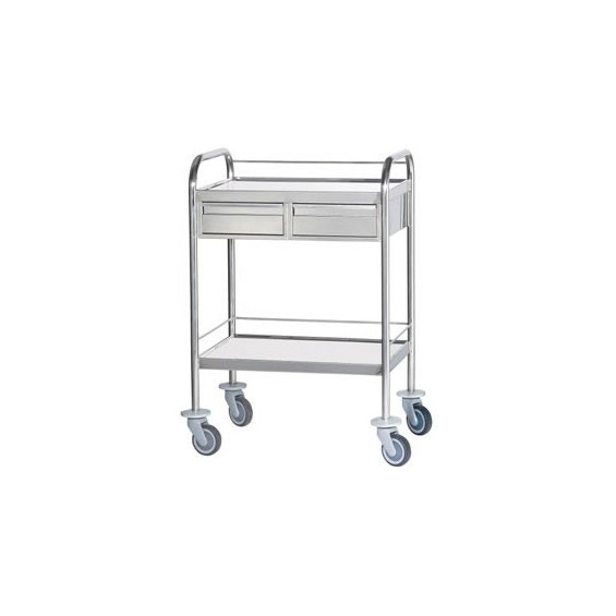 Chariot inox 2 plateaux bords relevés avec galeries et tiroirs