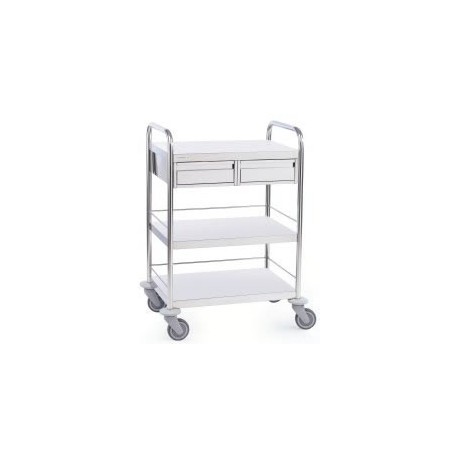 Chariot inox 3 plateaux avec galeries et 2 tiroirs côte côte
