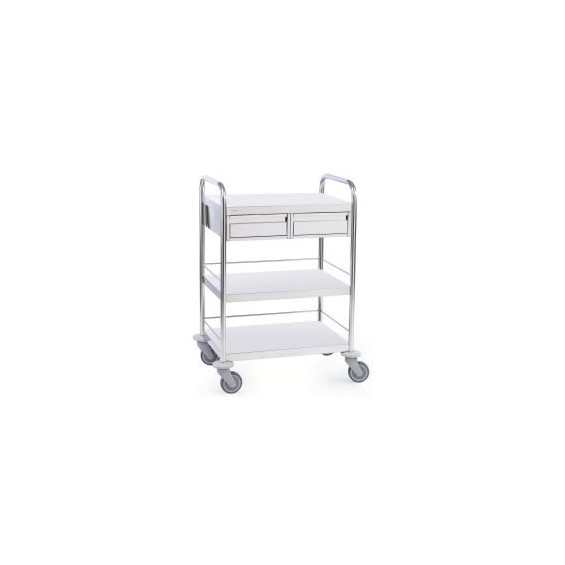 Chariot inox 3 plateaux avec galeries et 2 tiroirs côte côte