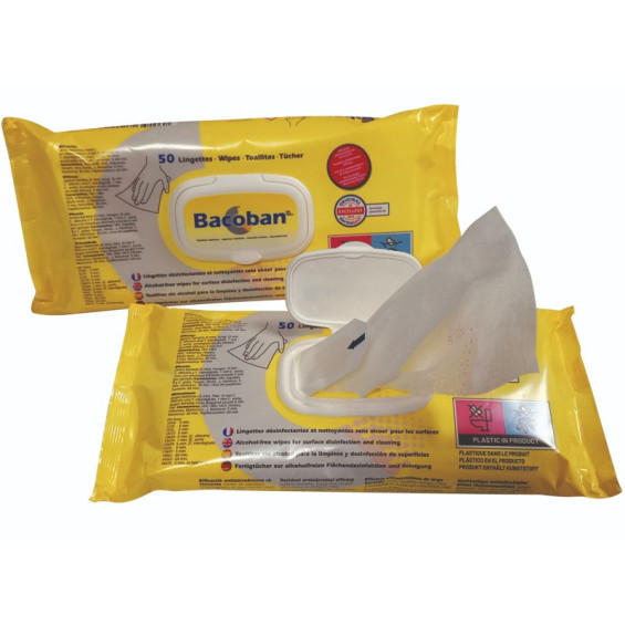 Lingettes nettoyantes et désinfectantes BACOBAN sans alcool - Les 50